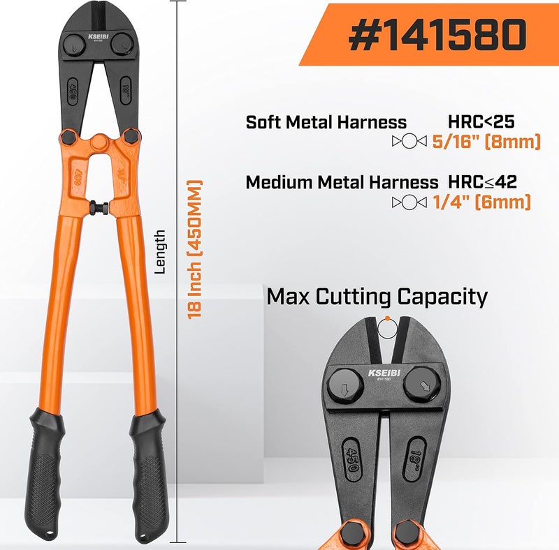 KSEIBI 141580 Heavy-Duty Medium Size Bolt Cutter 18" for Cutting Fence, Steel Wire, Chain, Screws, Rivet, and Medium Padlock, with Soft Grip Rubber Ergonomic Handle Cutters - Image 4
